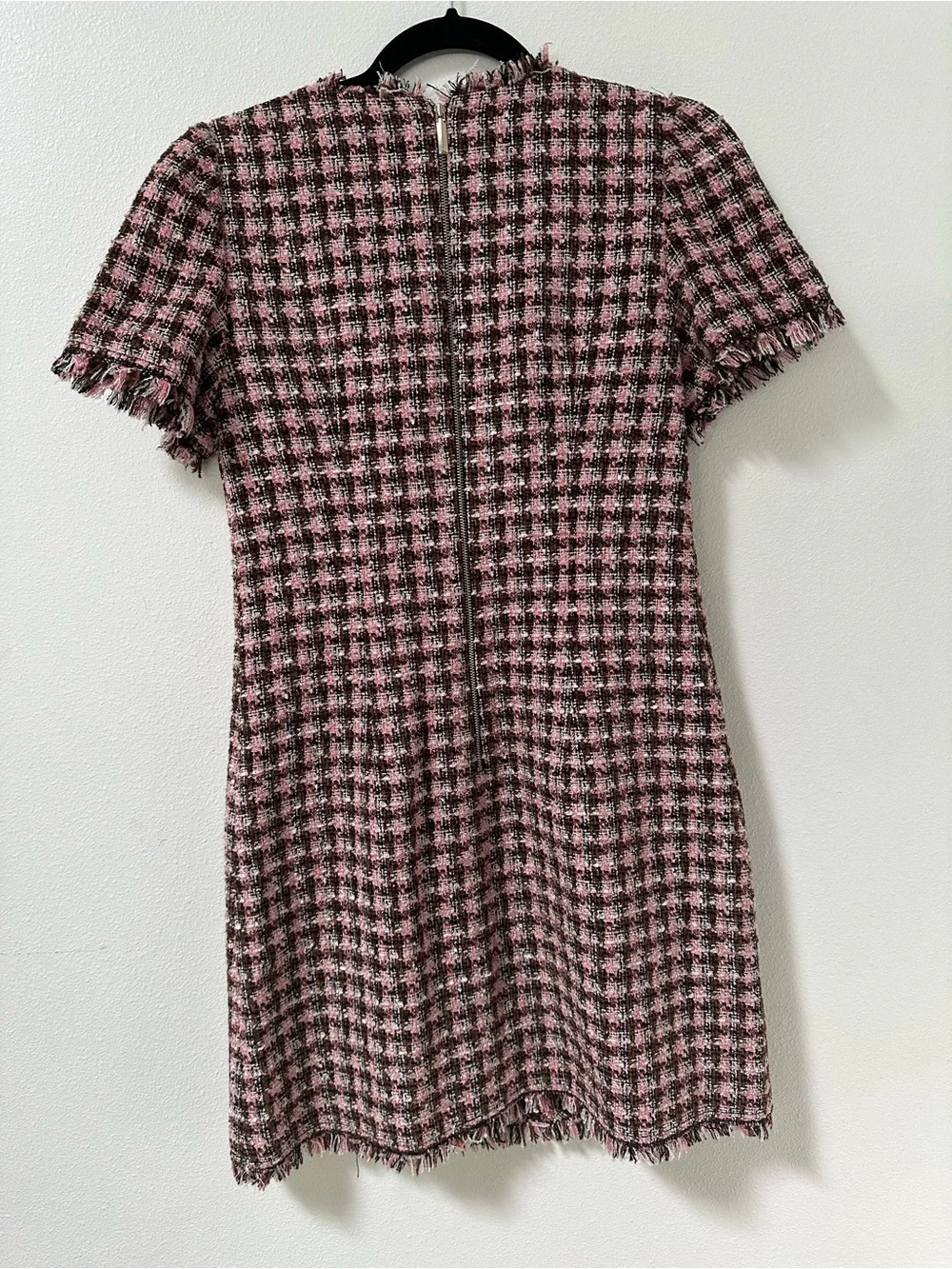 Kate Spade Tweed Houndstooth Shift Dress Fringe Back Zip Size 2 Office Cocktail